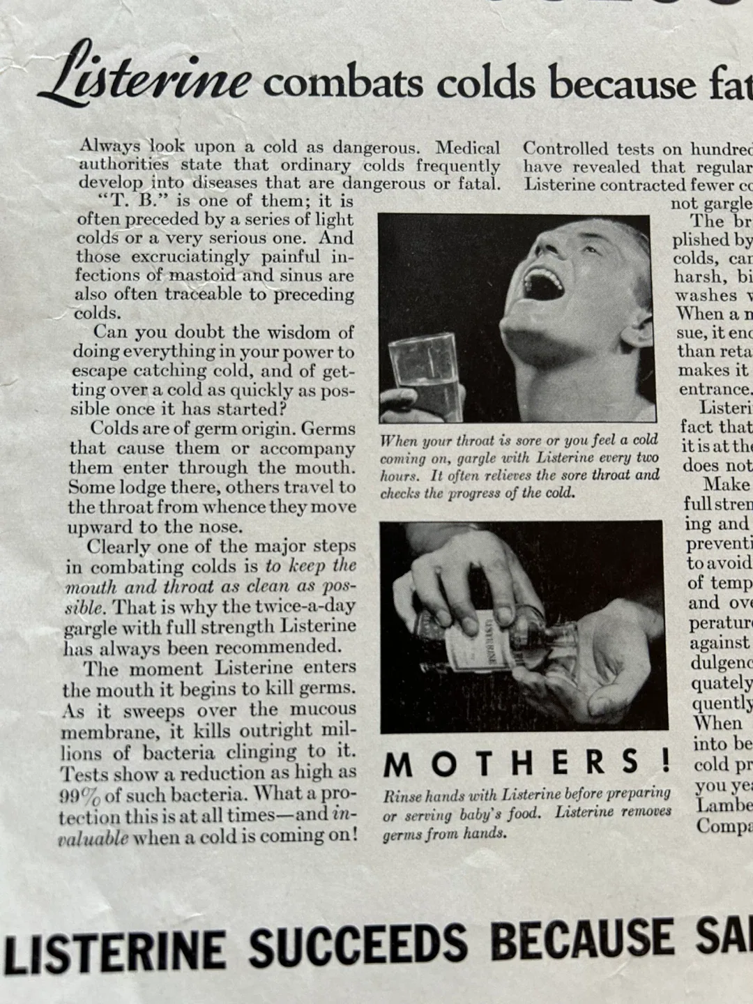 $15  1933 Listerine Rub Fights Colds cause Tuberculosis Print Ad image indicator(2)