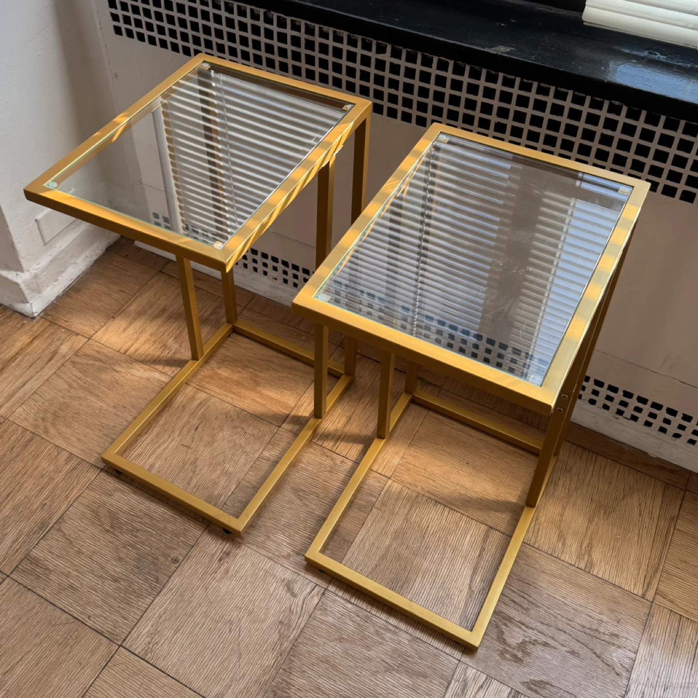 2 Gold Metal & Glass C-Shaped Side Tables