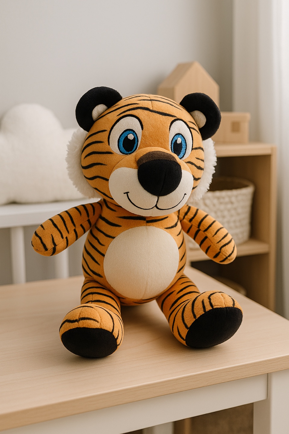 Adorable plush tiger toy with bright blue eyes