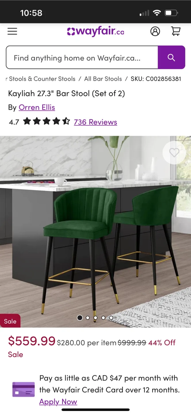 Kayliah 27.3" Bar Stools (Set of 2) - Green Velvet thumbnail