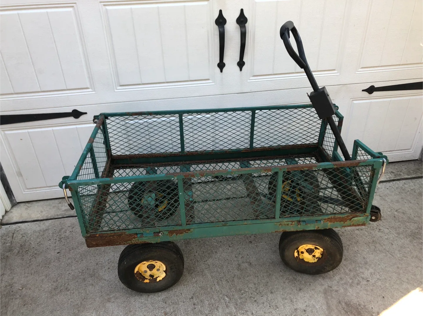 Used Green Metal Mesh Utility Wagon