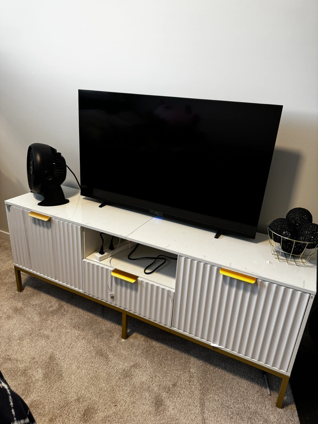 White TV Stand with Gold Accents