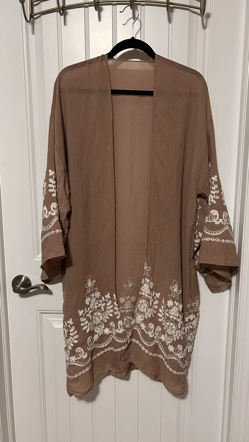 Brown Embroidered Kimono - One Size