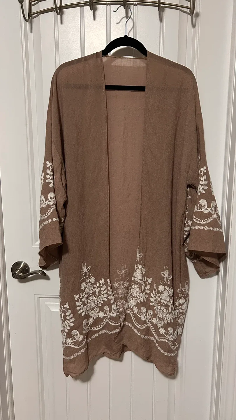 Brown Embroidered Kimono - One Size