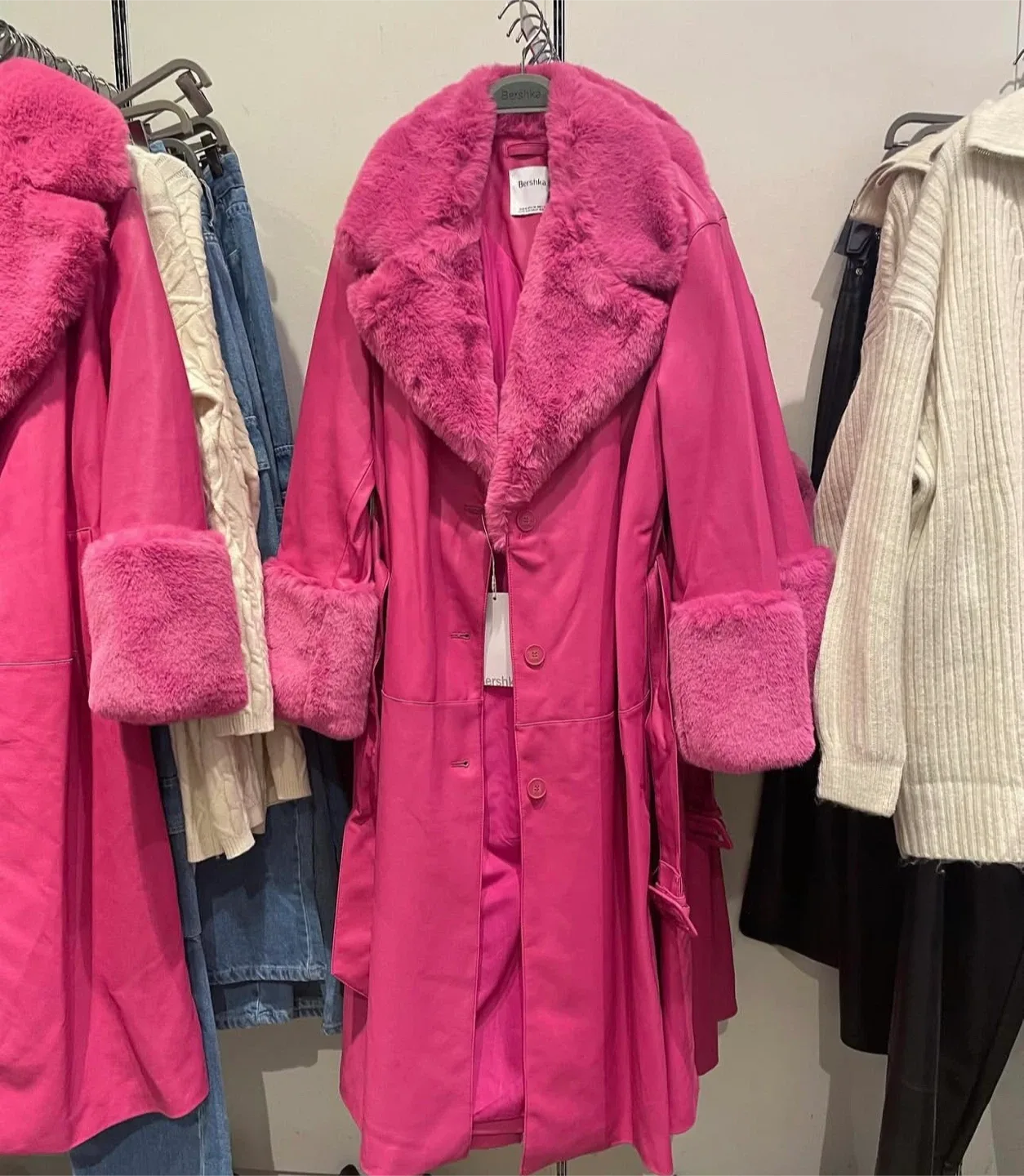 Bershka Pink Faux Fur Trim Coat image indicator(2)