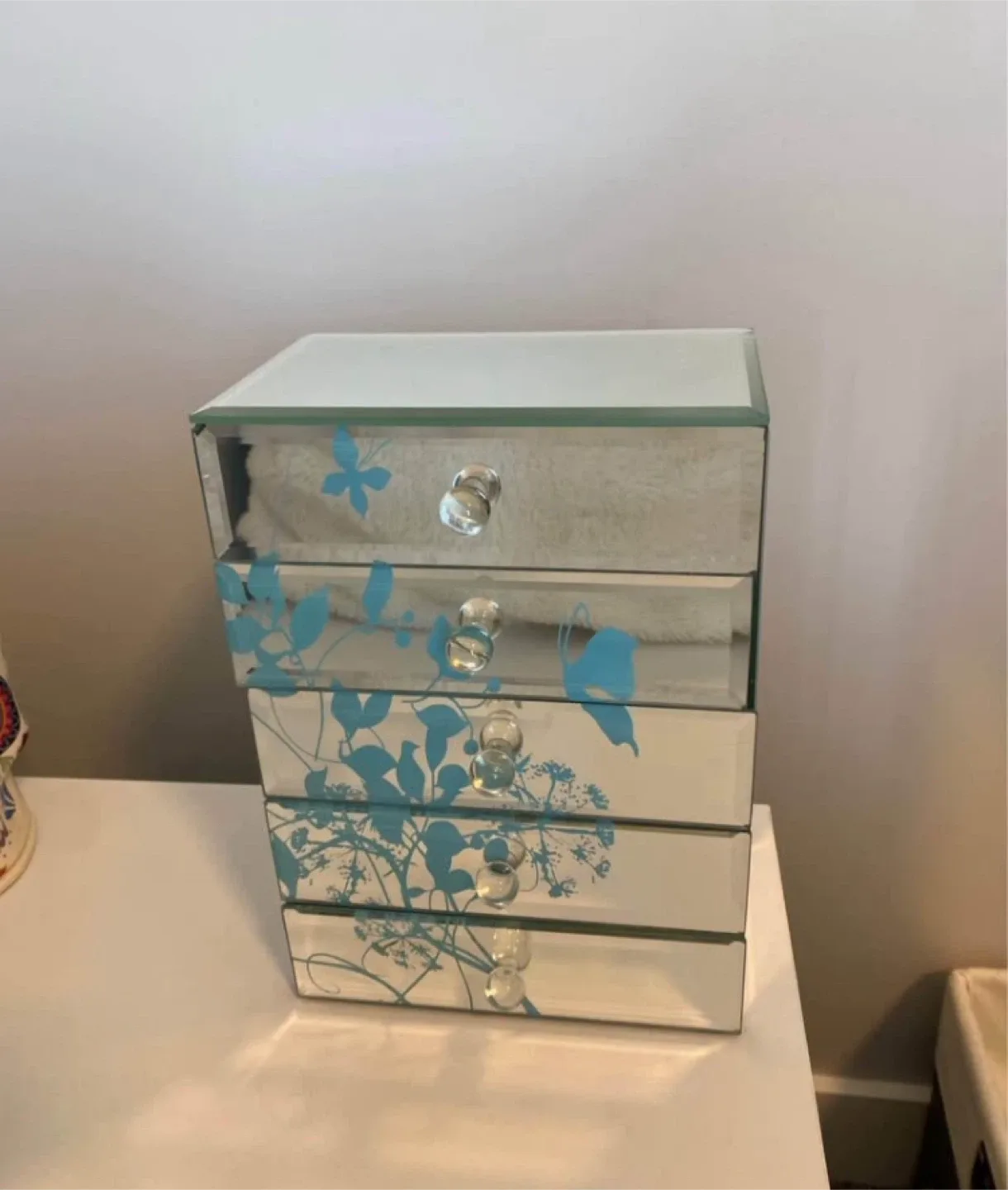 Mirrored Drawer Chest with Blue Floral Design thumbnail