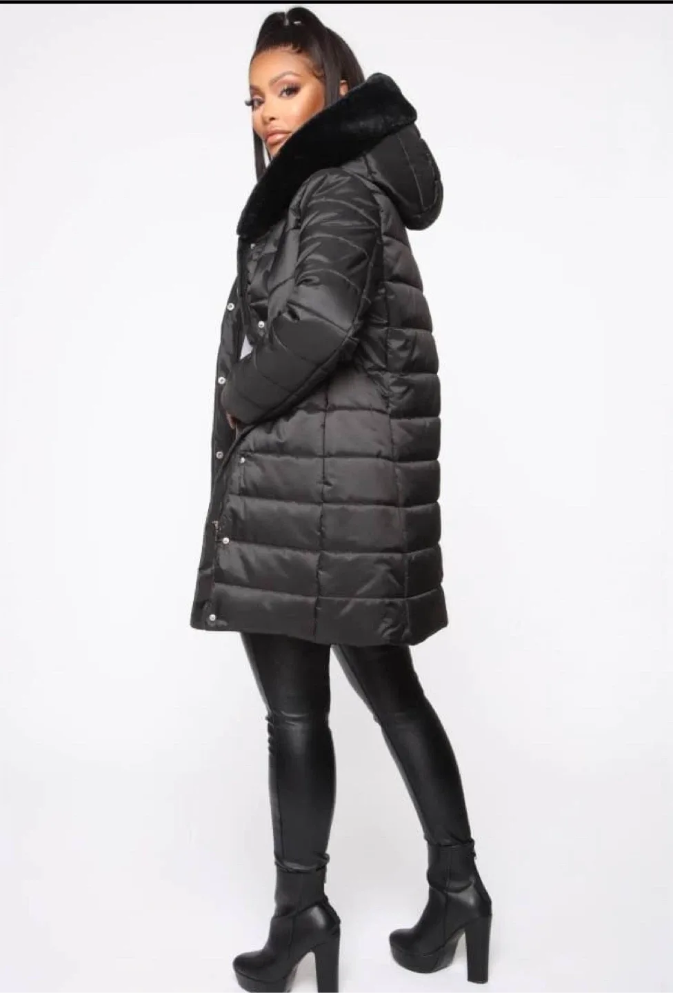 NEW Medium Black Puffer Coat with Faux Fur Hood thumbnail