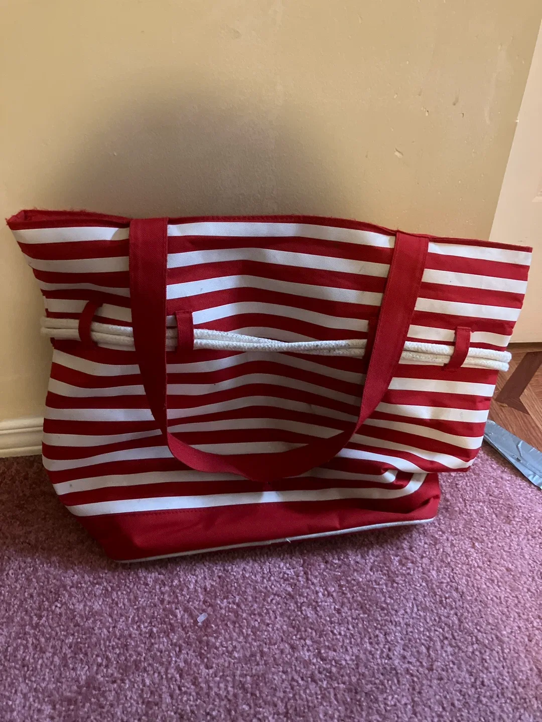 Red and White Striped Tote Bag image indicator(2)