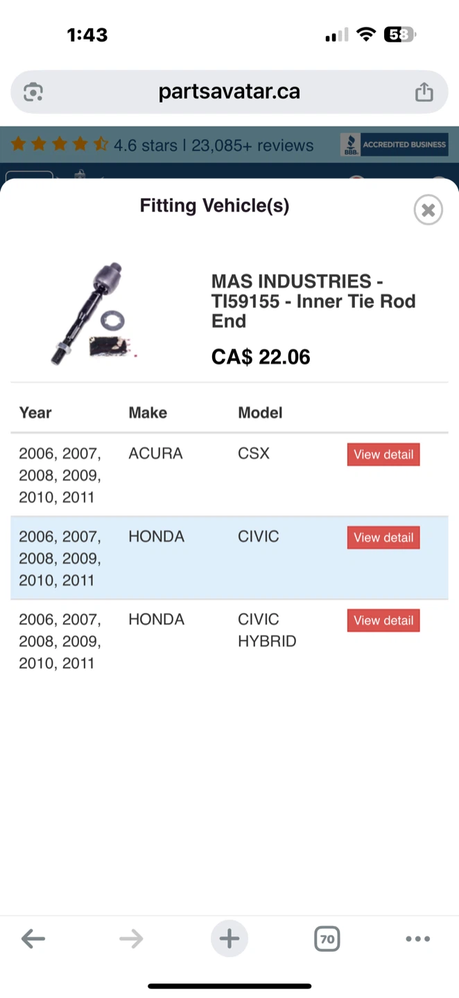 MAS Industries TI59155 Inner Tie Rod End - Honda Civic - photo 2