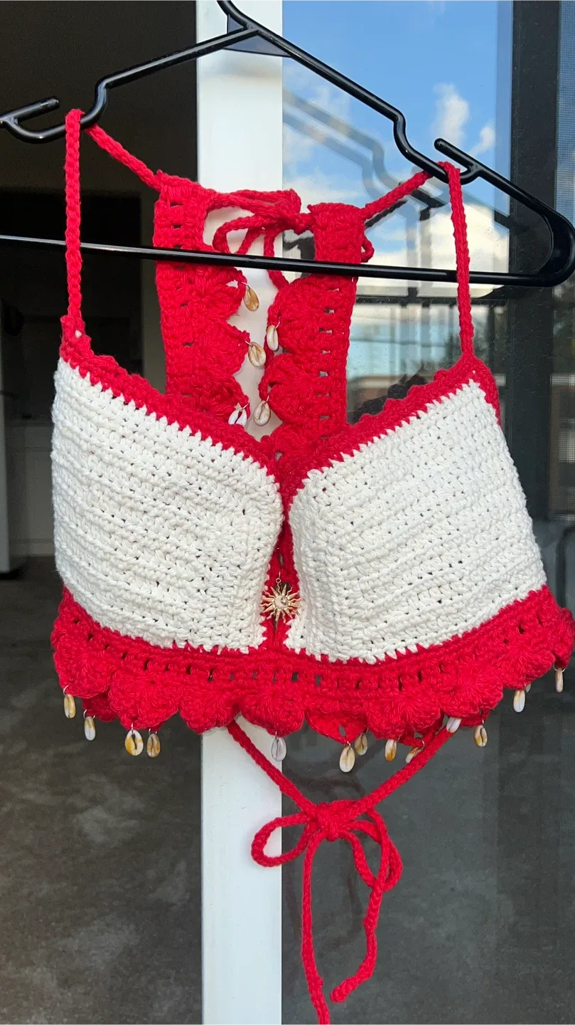Handmade Crochet Top - Red & White image indicator(3)