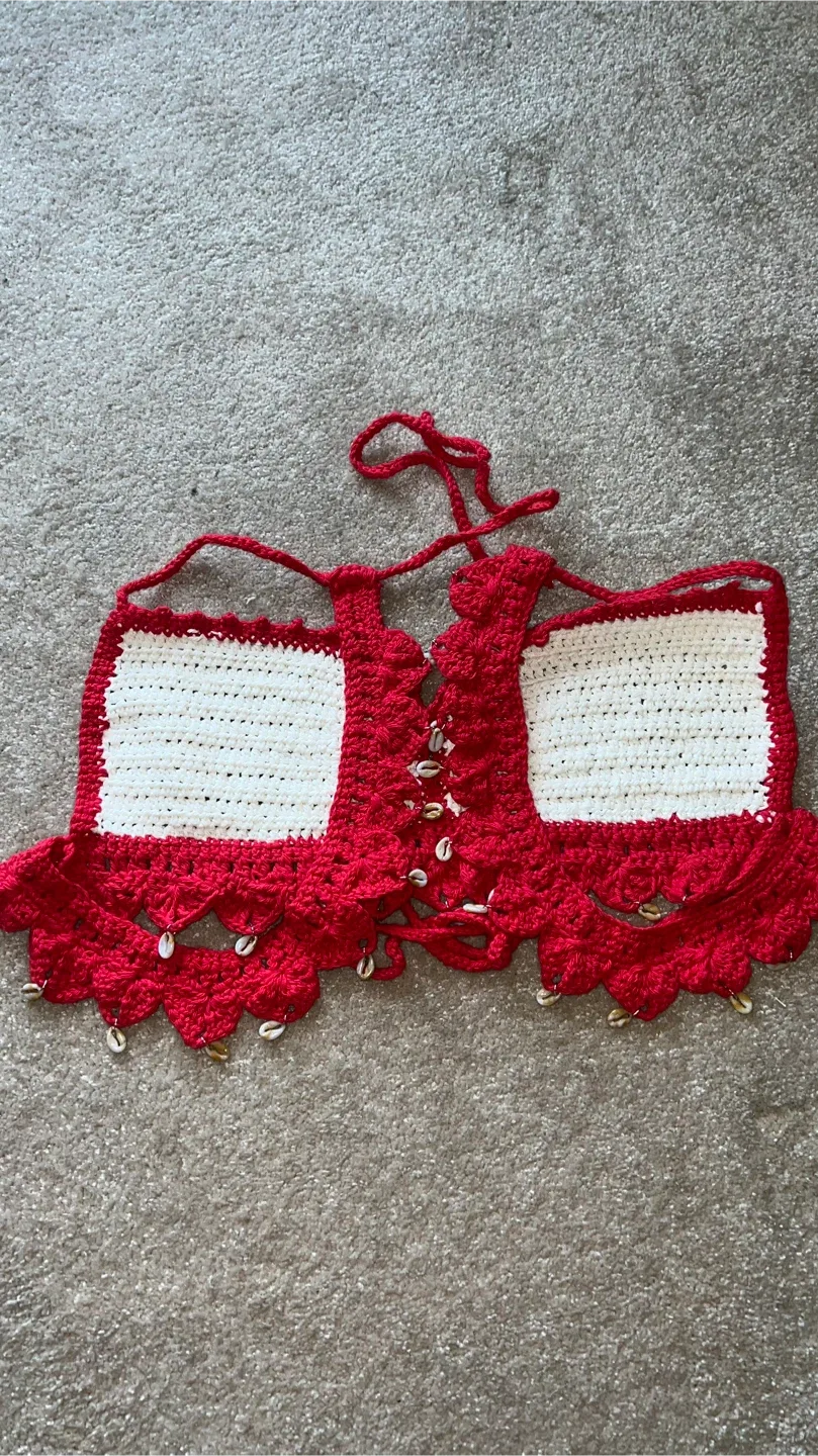 Handmade Crochet Top - Red & White image indicator(4)
