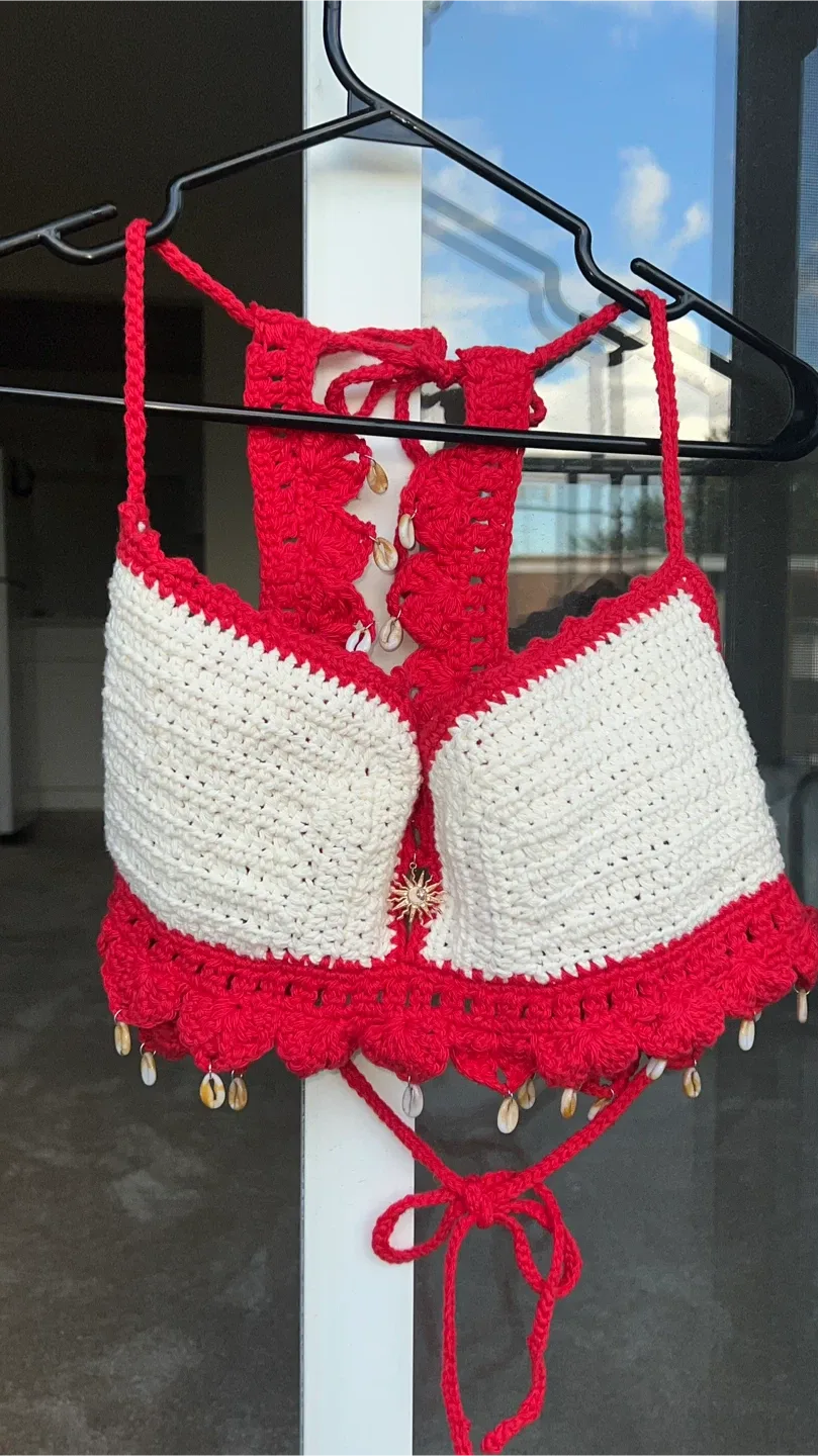Handmade Crochet Top - Red & White image indicator(2)