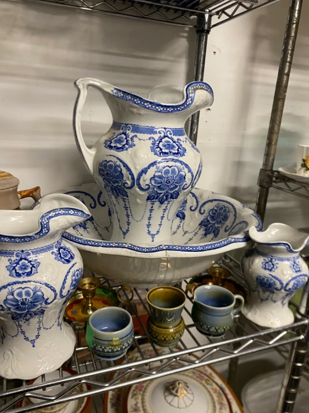 Vintage Large Blue & White Floral Pitcher and Bowl Set image indicator(2)