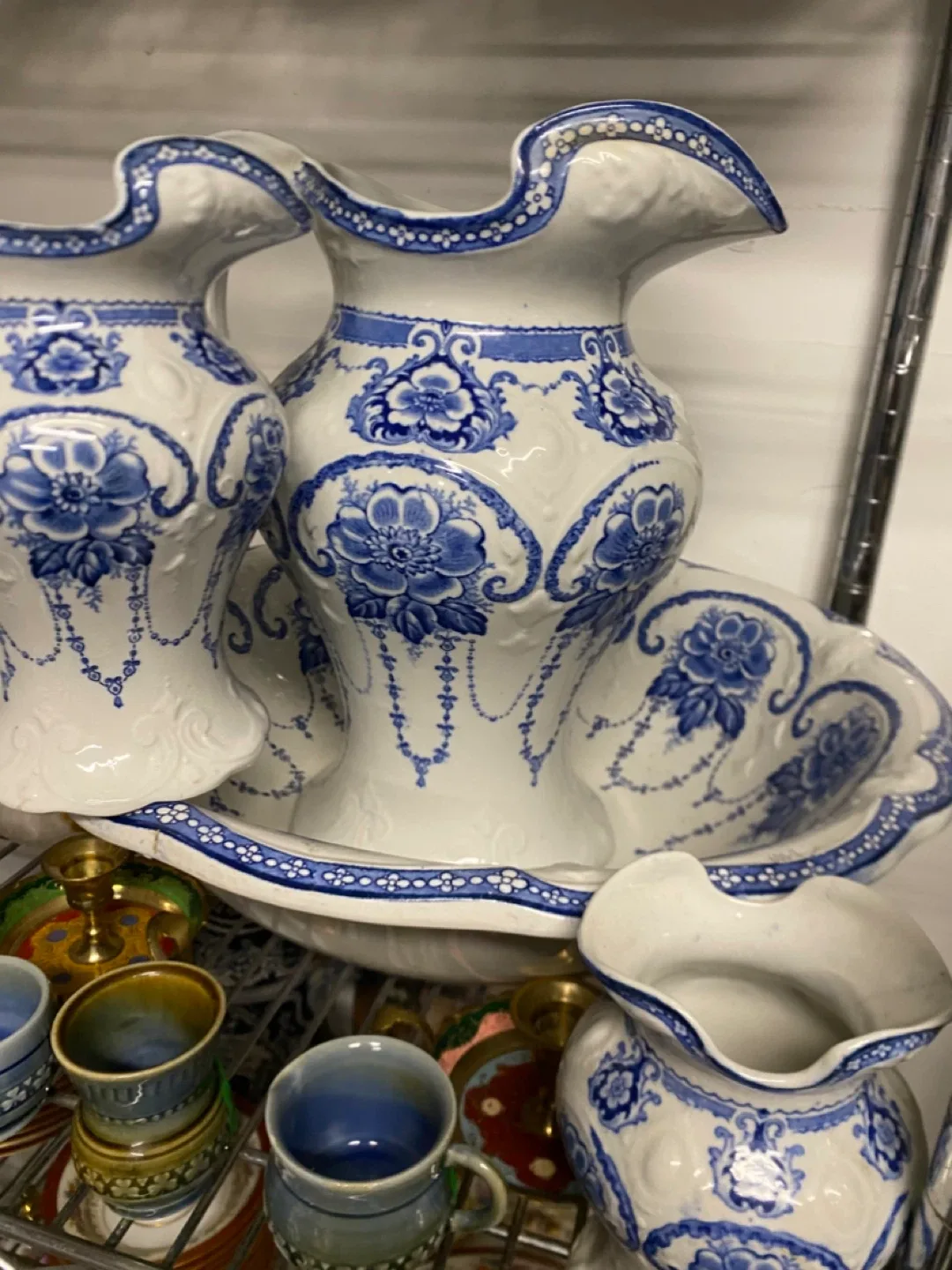 Vintage Large Blue & White Floral Pitcher and Bowl Set thumbnail