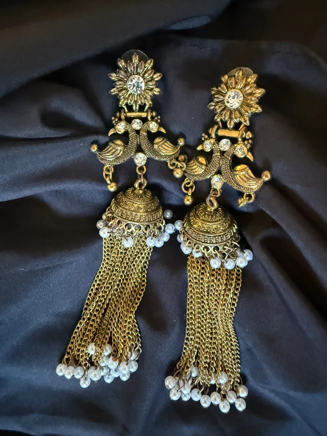 Golden Jhumka Style Earrings with Pearls