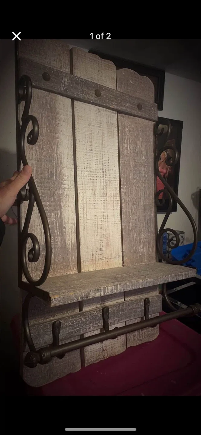 Rustic Wooden Shelf with Metal Accents thumbnail