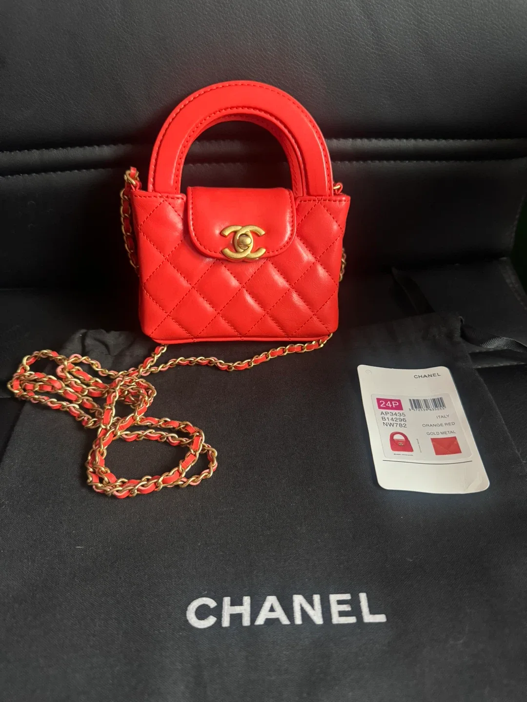 Chanel Quilted Mini Nano Kelly Shopper Orange Red