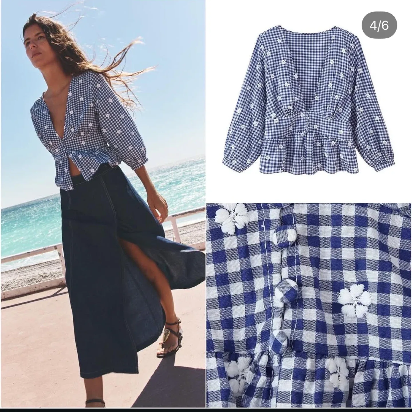 NEW Zara Blue Gingham Floral Blouse - Size M image indicator(2)