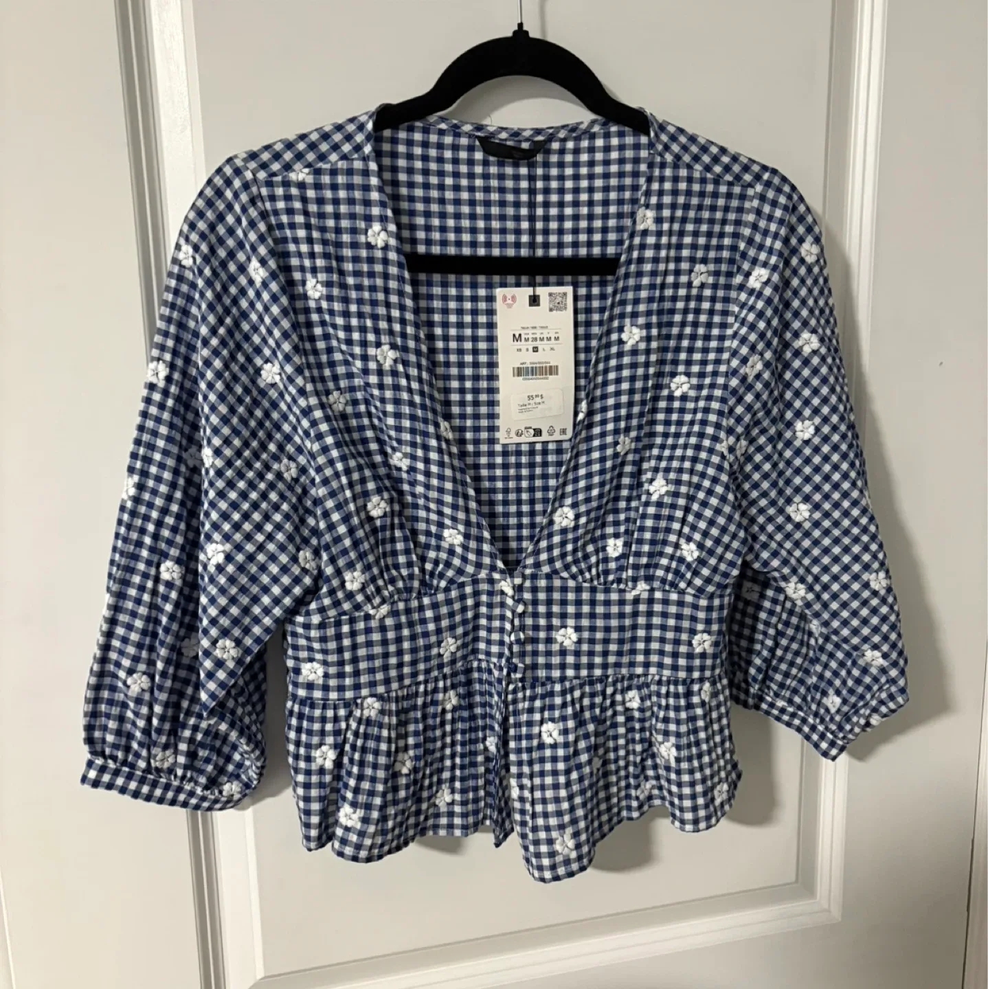NEW Zara Blue Gingham Floral Blouse - Size M image indicator(3)