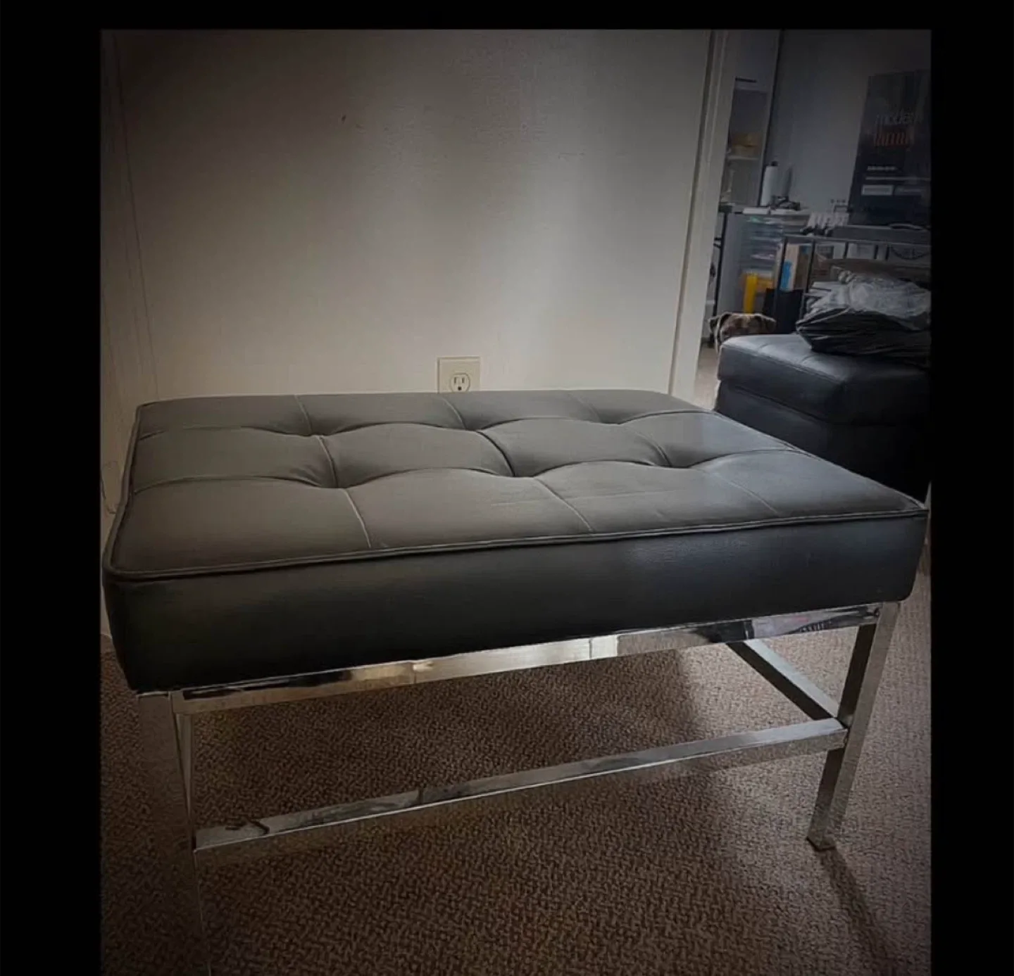 Black Leather Ottoman with Chrome Legs thumbnail