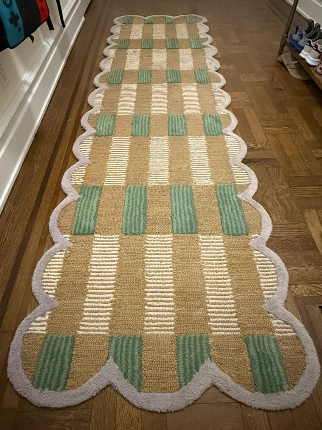 Anthropologie Green Checkered Runner Rug 2.5' x 9' image indicator(2)