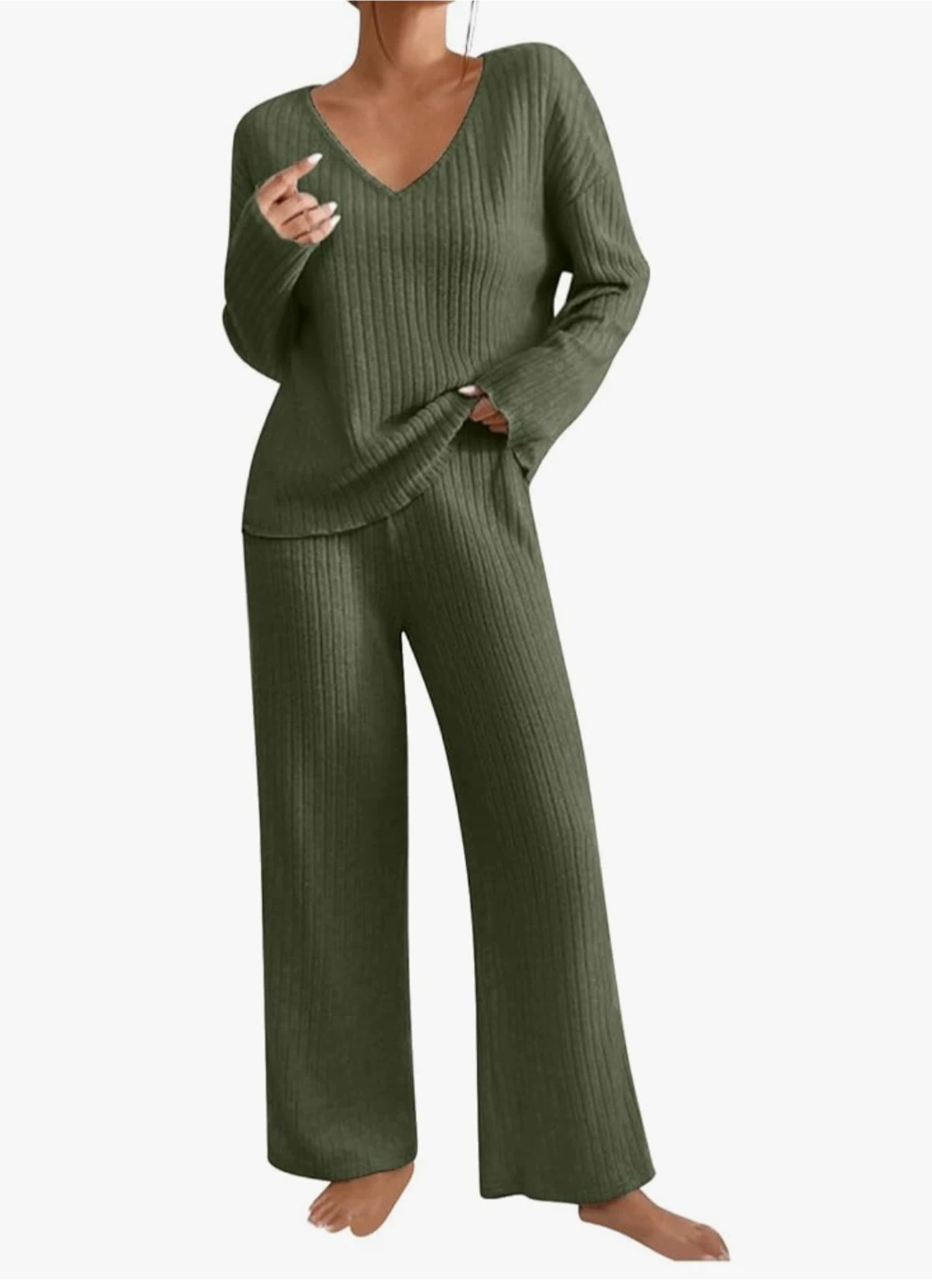 2pc Army Green Ribbed Knit Lounge Set - Size M