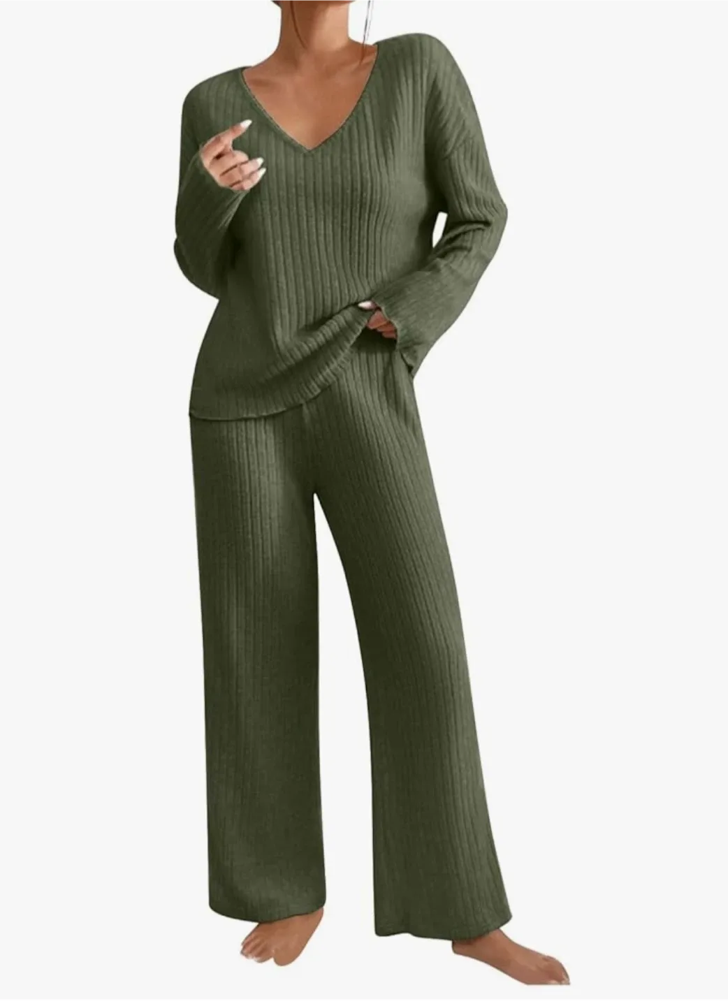 2pc Army Green Ribbed Knit Lounge Set - Size M thumbnail