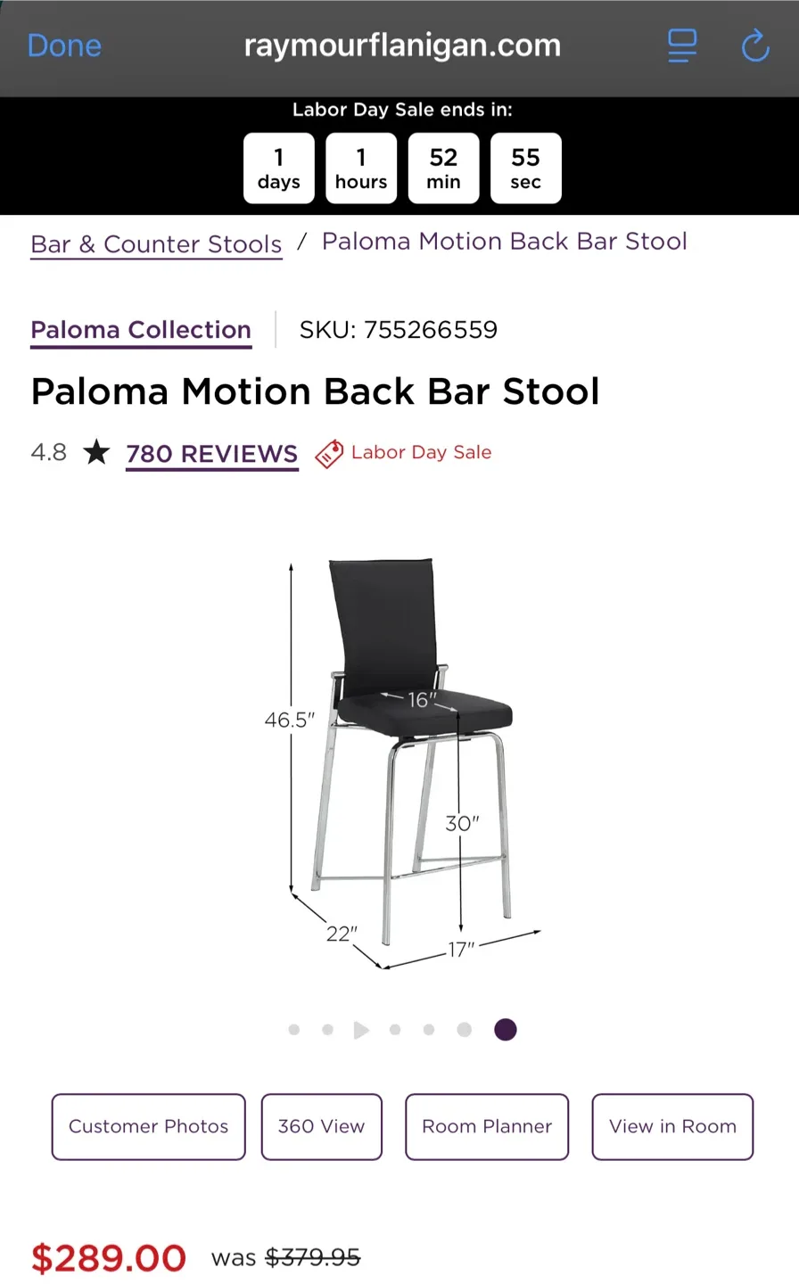 Paloma Motion Back Bar Stool - Black image indicator(4)