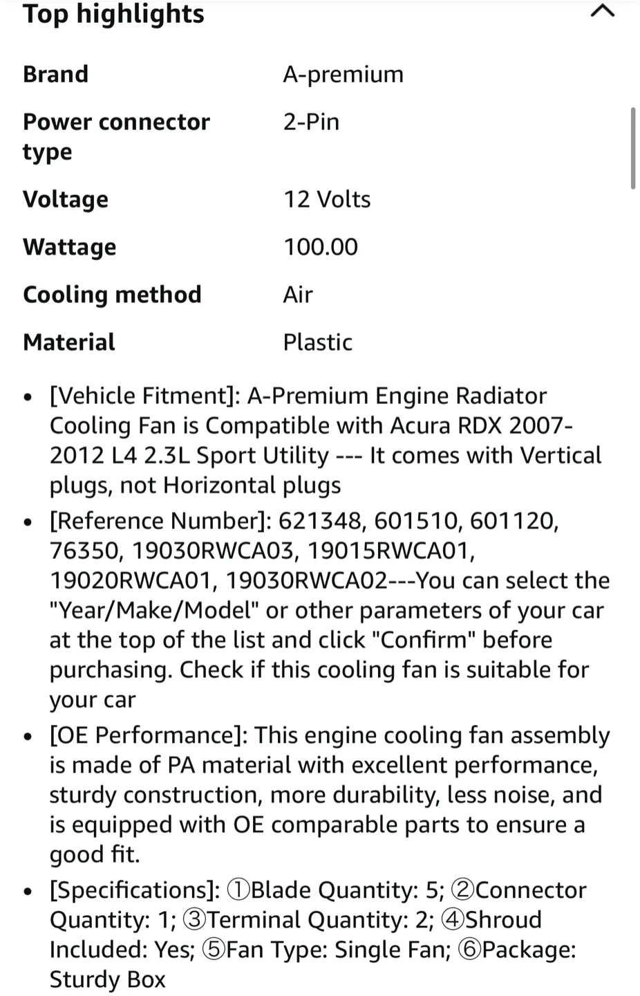 A-Premium Engine Radiator Cooling Fan Assembly for Acura RDX image indicator(5)