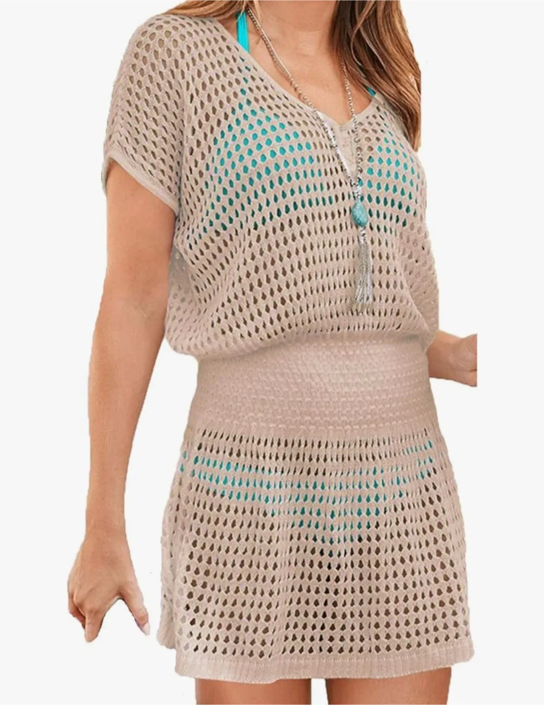 Crochet Swim Cover Up Dress - Beige thumbnail