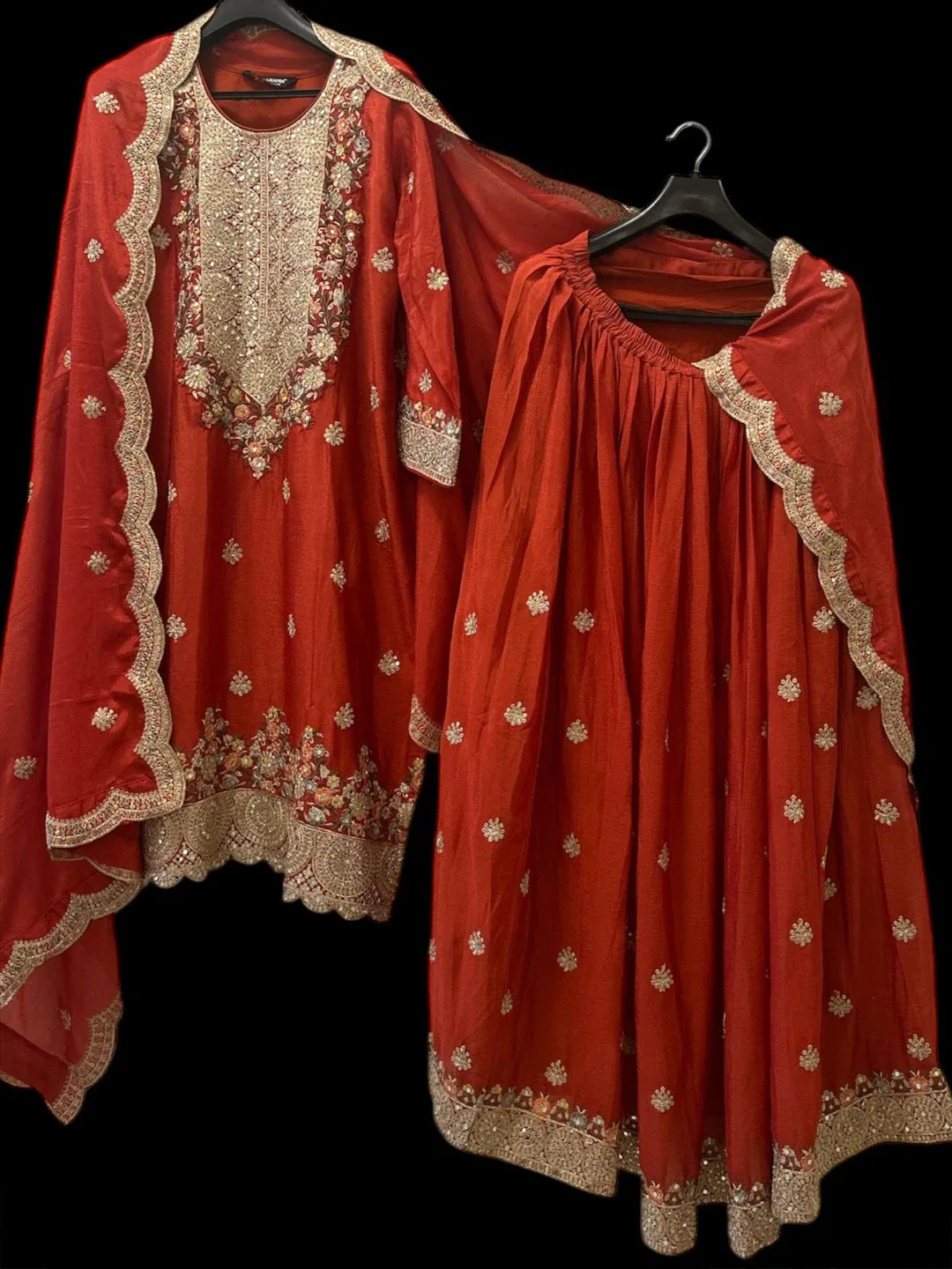 Red Embroidered Lehenga Choli Set/long shirt with skirt thumbnail