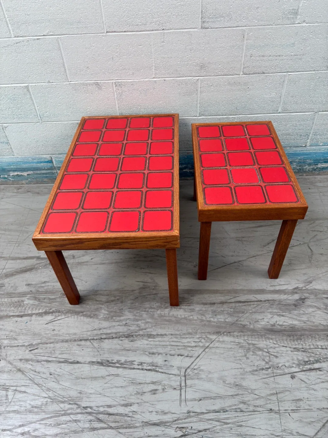 🧡Set of Two Red Tile Top End Tables thumbnail