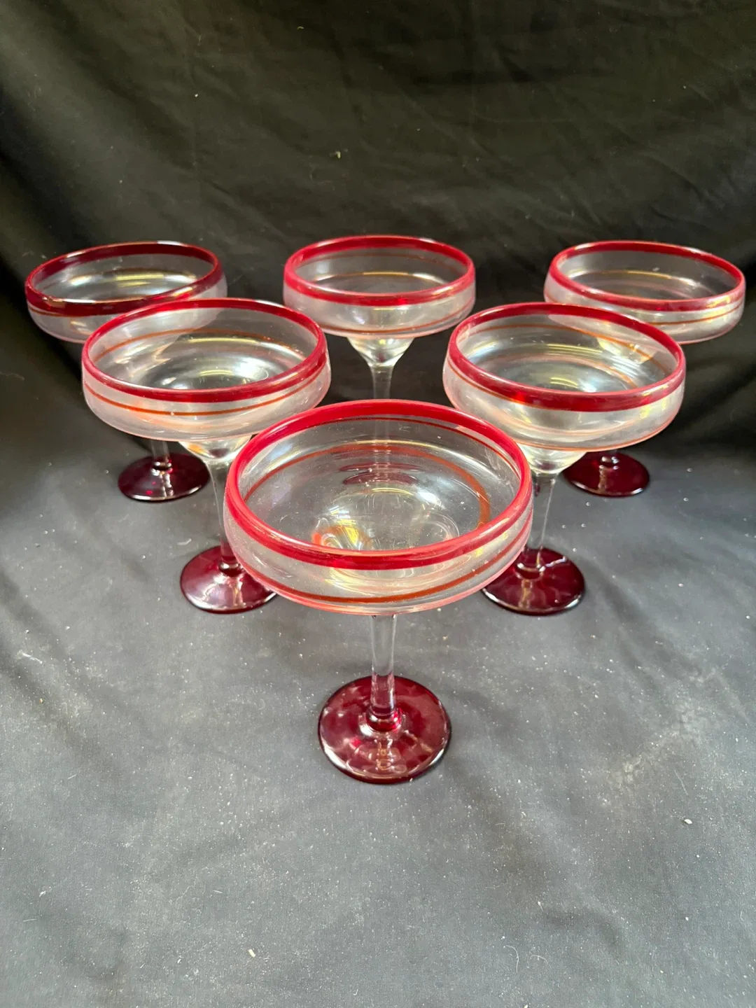 🧡Set of 6 Margarita Glasses with Red Trim thumbnail