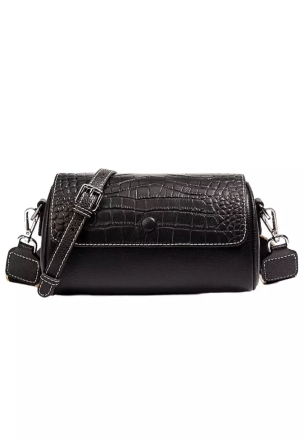 Black Croc Embossed Barrel Bag