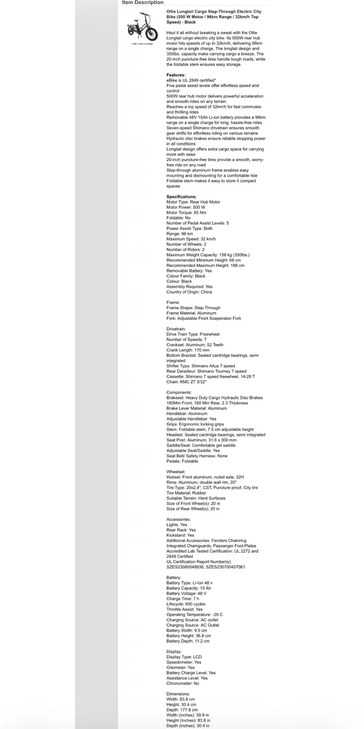 NEW! Ollie Longtail Cargo City EBike 500W 96km 32km/h MSRP $3050 image indicator(8)