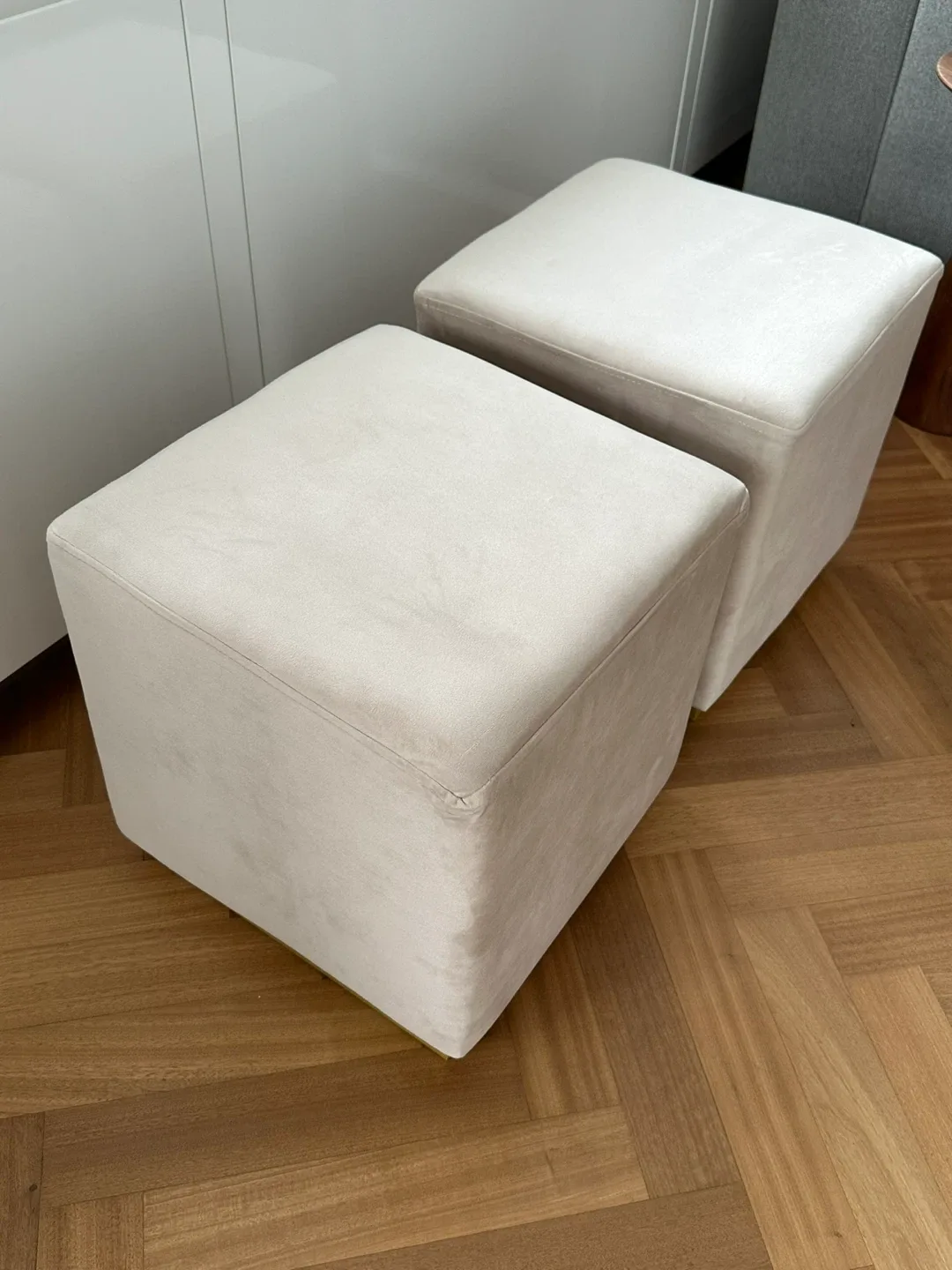 Two Beige Velvet Square Ottomans image indicator(2)