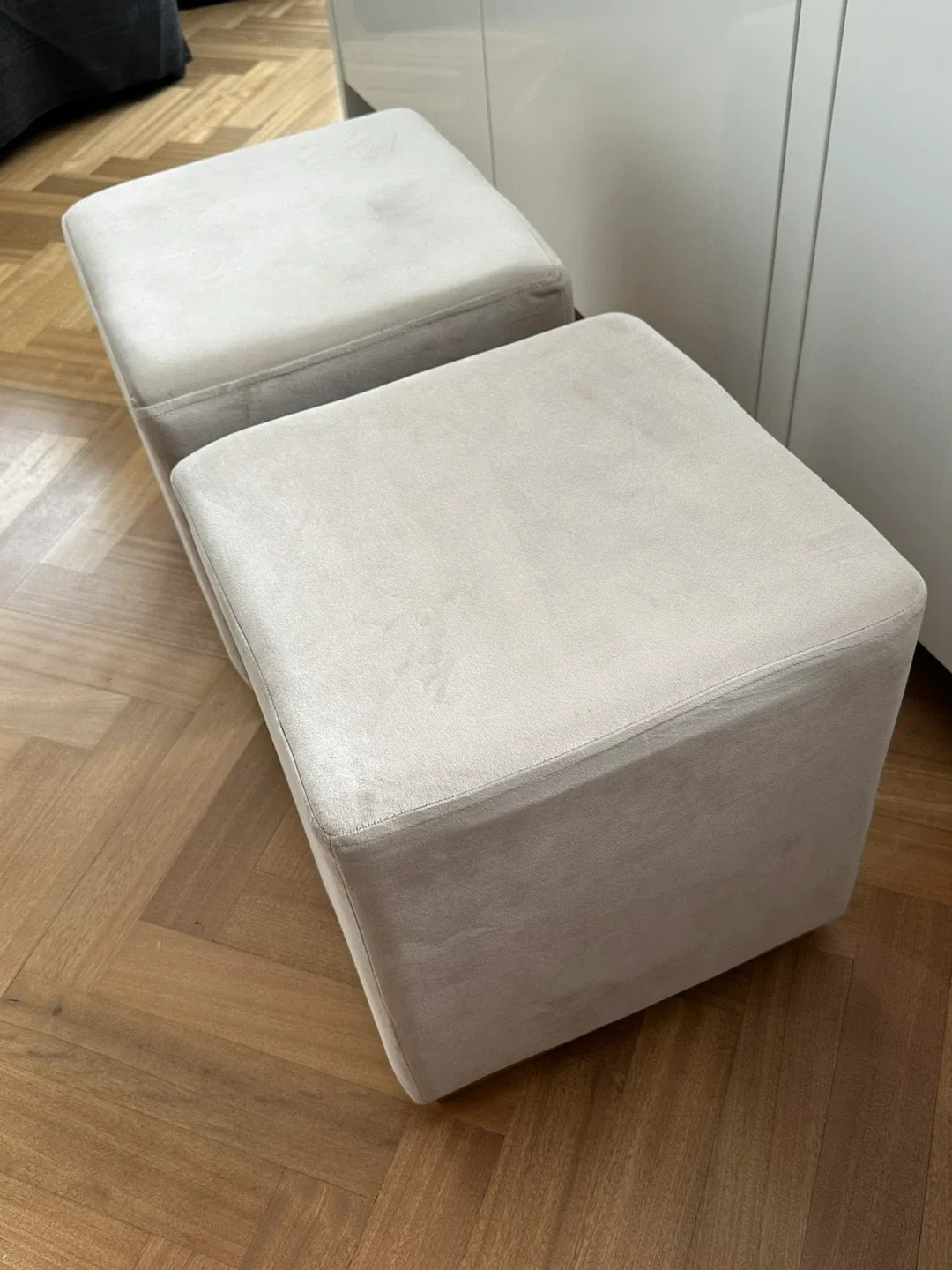 Two Beige Velvet Square Ottomans image indicator(3)