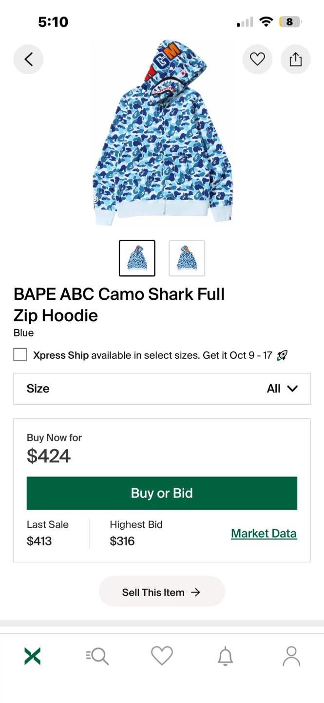 REAL BAPE Shark Full Zip Hoodie - Blue, Size M