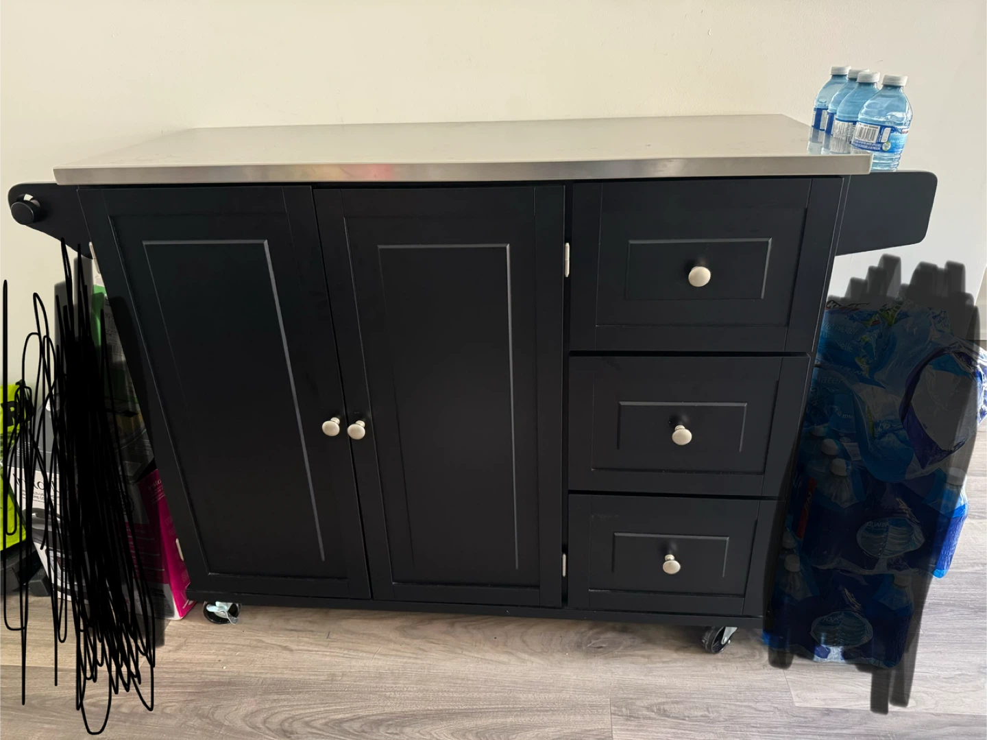 Black Kitchen Island Cart with Stainless Steel Top