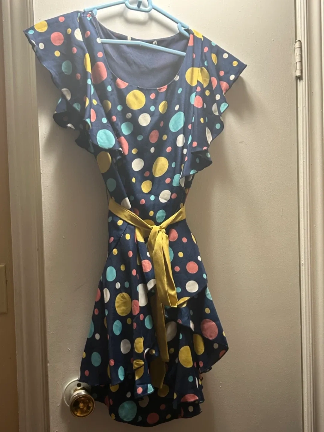 Navy Polka Dot Dress with Yellow Belt thumbnail