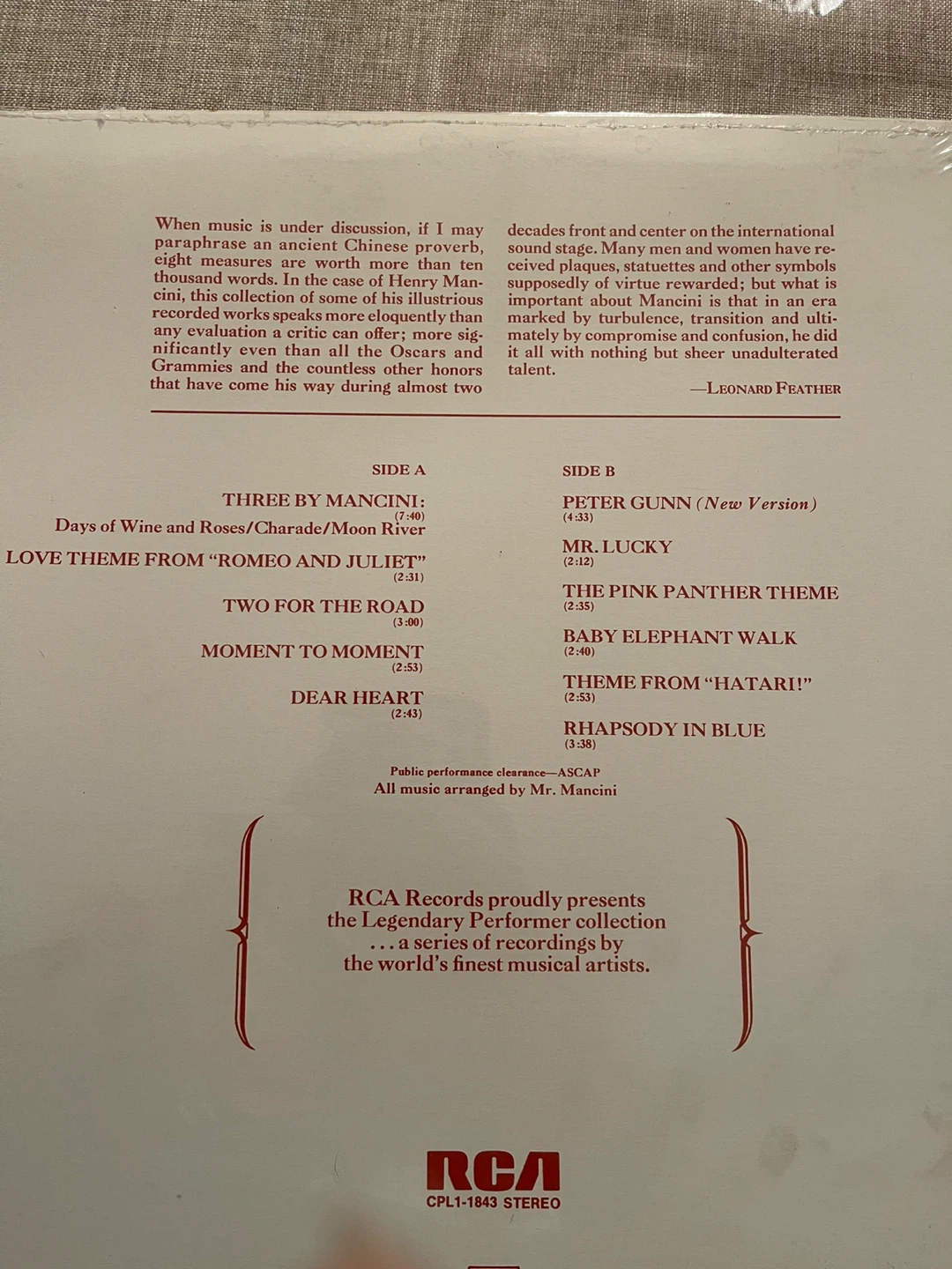 Henry Mancini - A Legendary Performer Vinyl Record - photo 2
