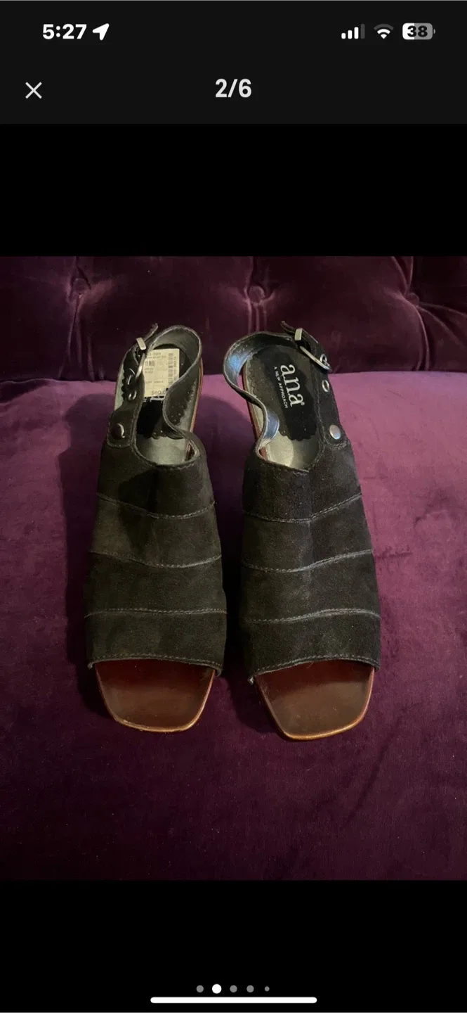 A.N.A Black Suede Platform Studded Peep Toe Slingback Heel. image indicator(2)