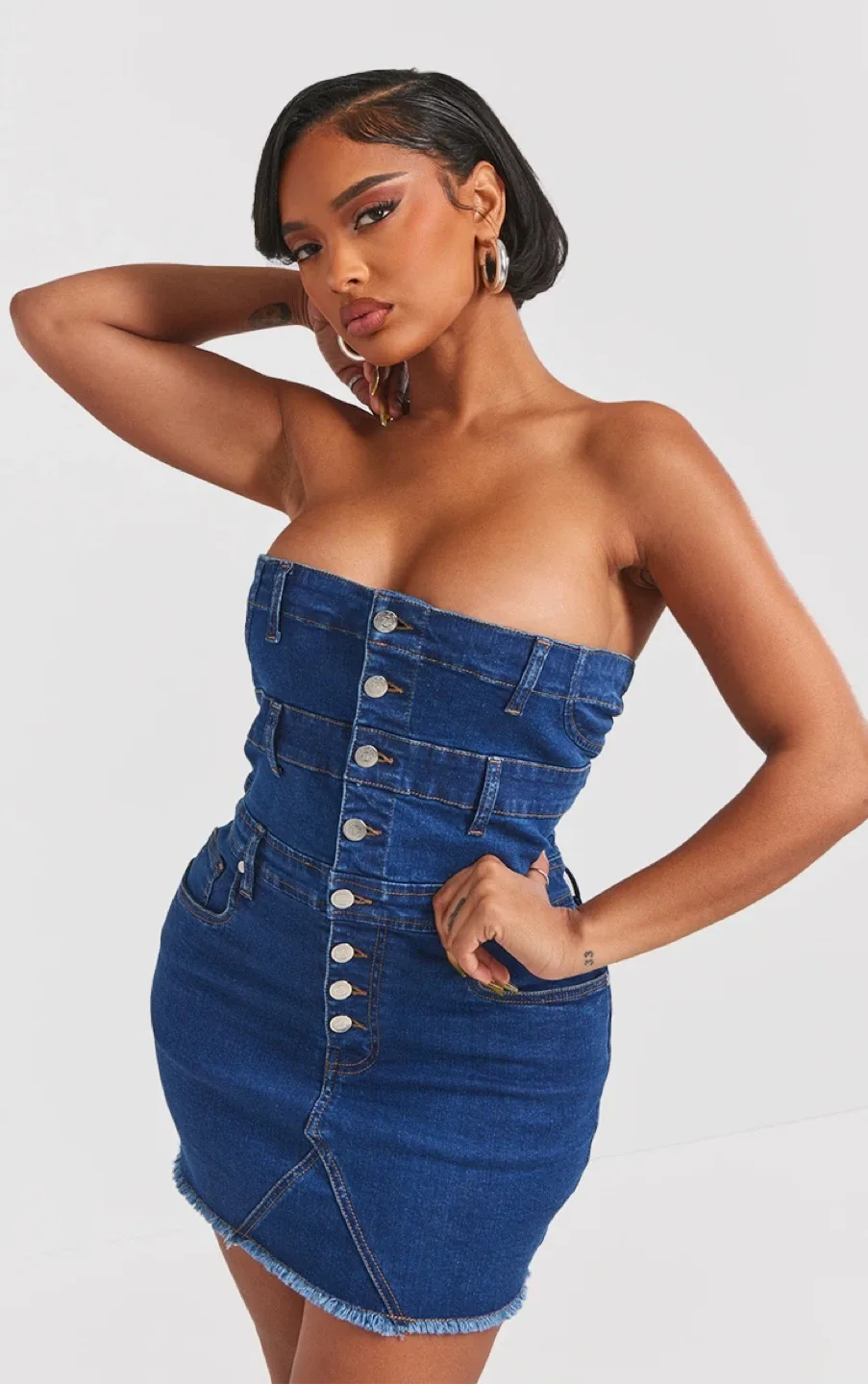 DARK BLUE DENIM BUTTON FRONT BANDEAU DRESS image indicator(2)