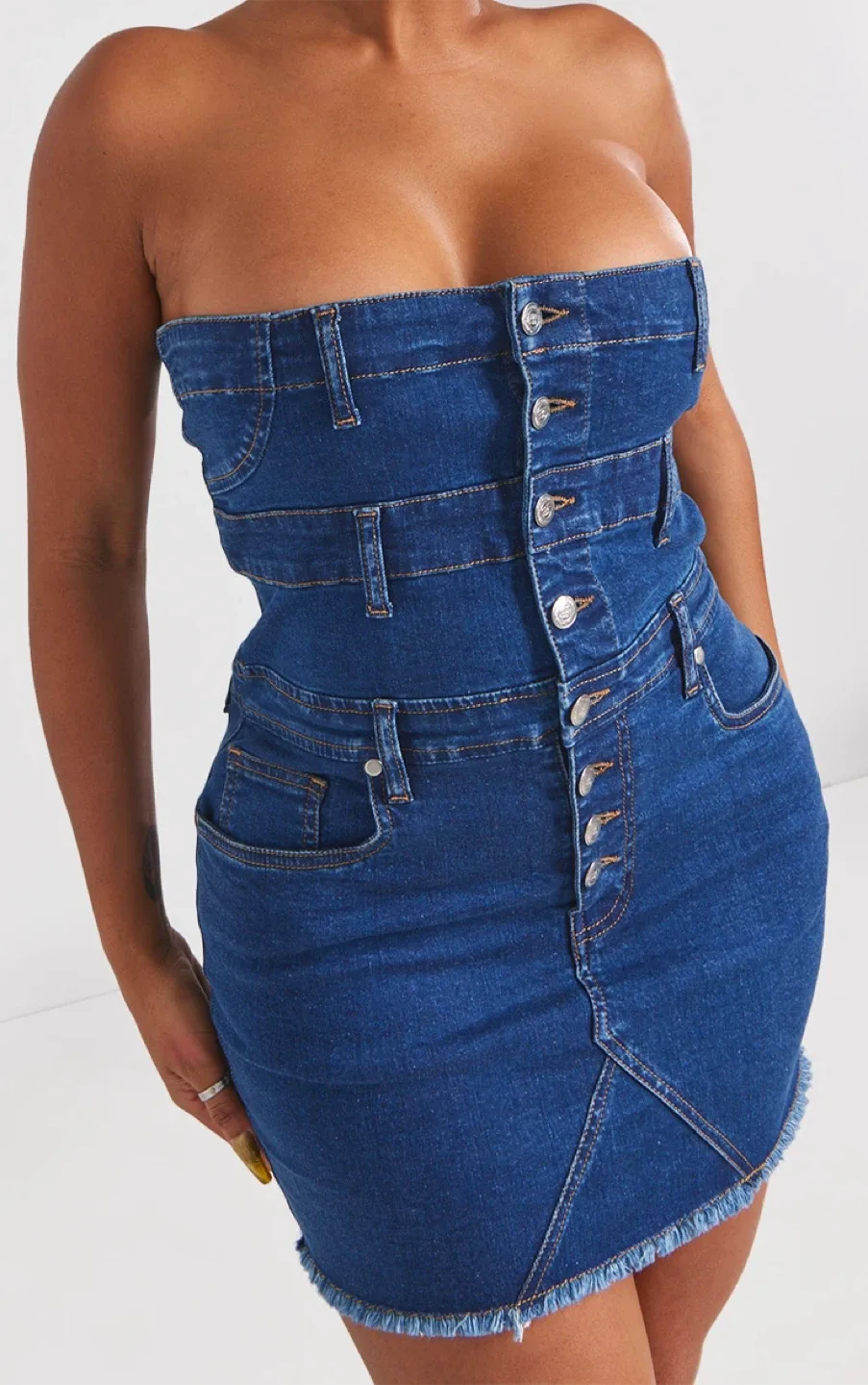 DARK BLUE DENIM BUTTON FRONT BANDEAU DRESS thumbnail
