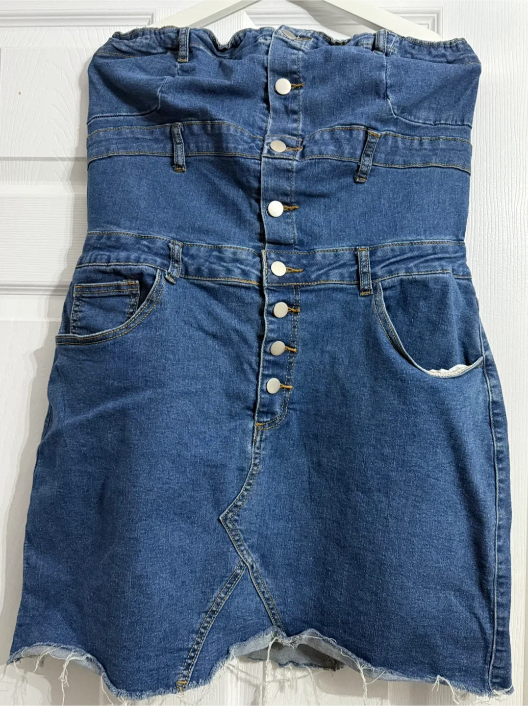 DARK BLUE DENIM BUTTON FRONT BANDEAU DRESS image indicator(4)