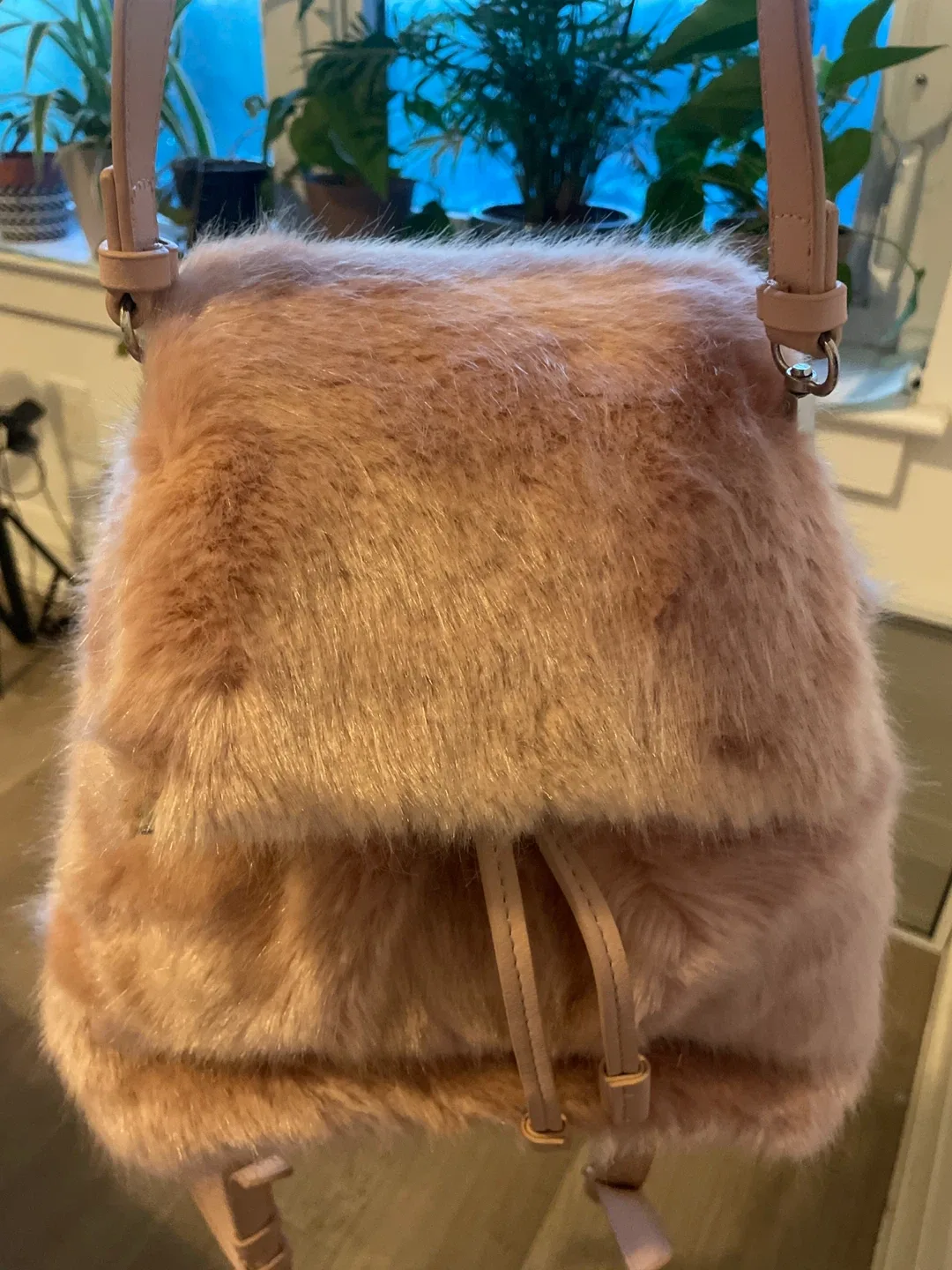 Zara Basic Collection Pink Faux Fur Backpack thumbnail