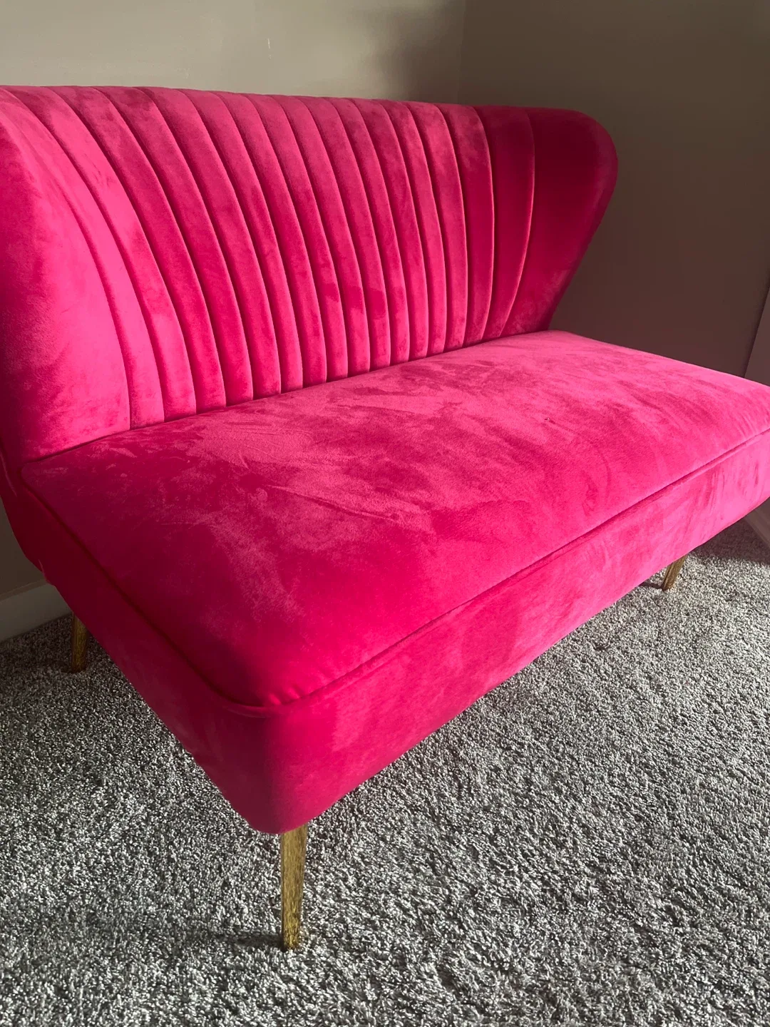 $265 Hot Pink Velvet Loveseat with Gold Legs thumbnail