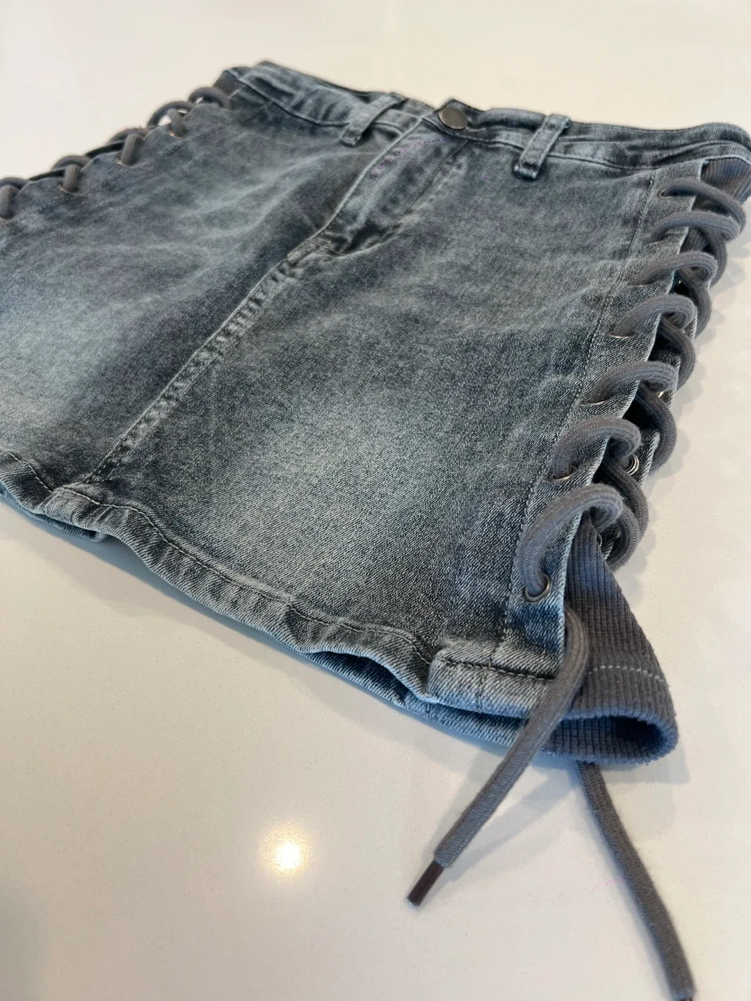 San Sheng Denim Mini Skirt with Lace-Up Sides image indicator(2)