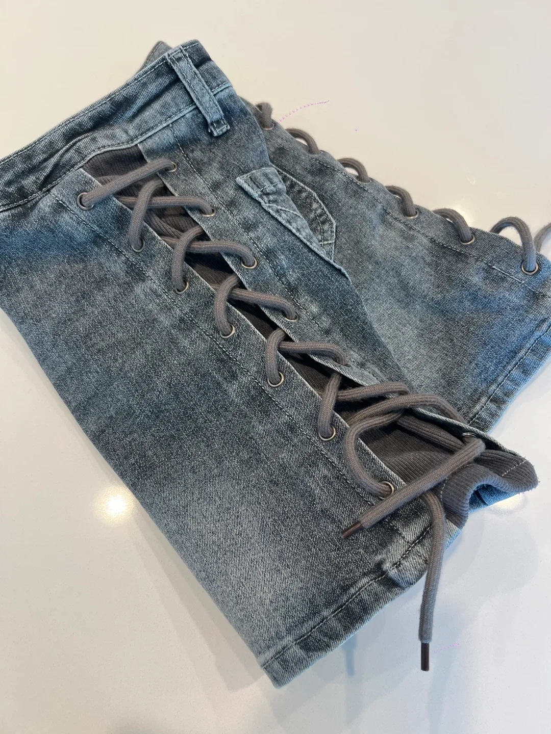 San Sheng Denim Mini Skirt with Lace-Up Sides image indicator(6)