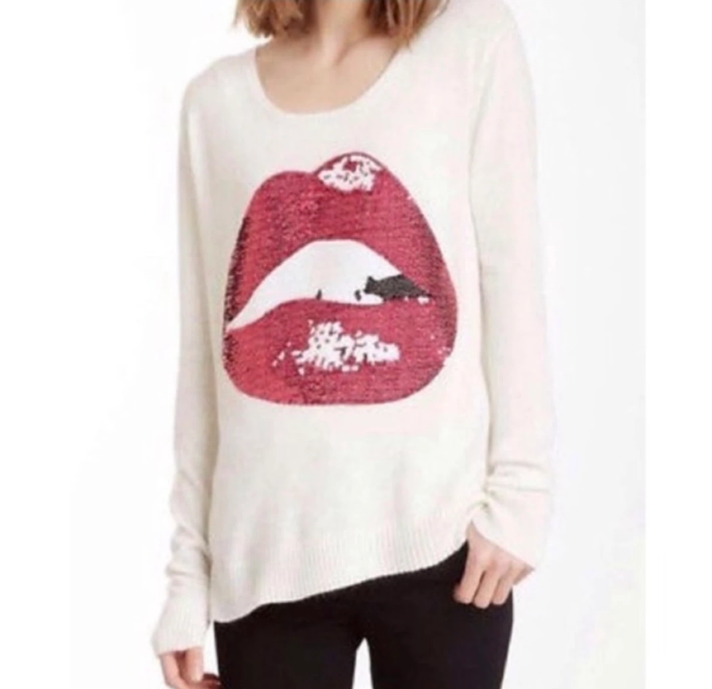 Wildfox Lips Sequin Cream Sweater